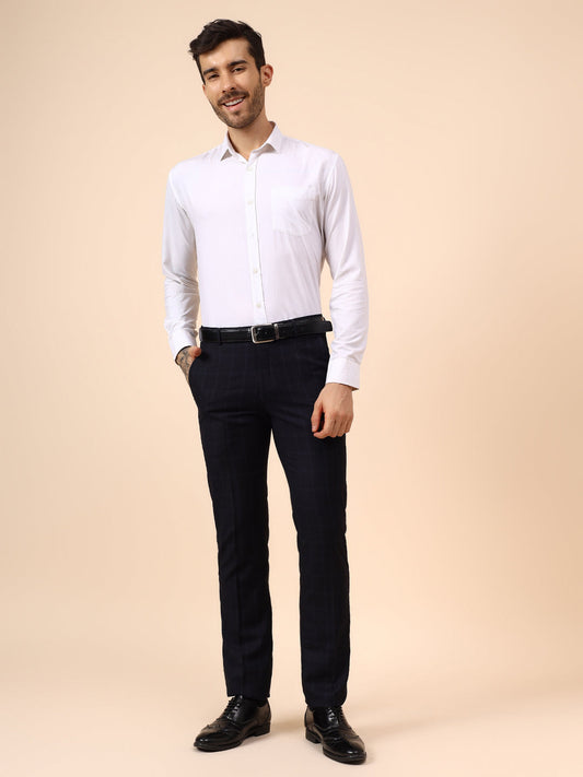 Men's Navy Blue Checkered Non Plated Regular Fit Formal Trouser