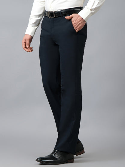 Men's Solid Navy Blue Non Pleated Regular Fit Formal Trouser