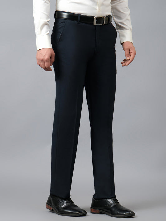 Men's Solid Navy Blue Non Pleated Regular Fit Formal Trouser