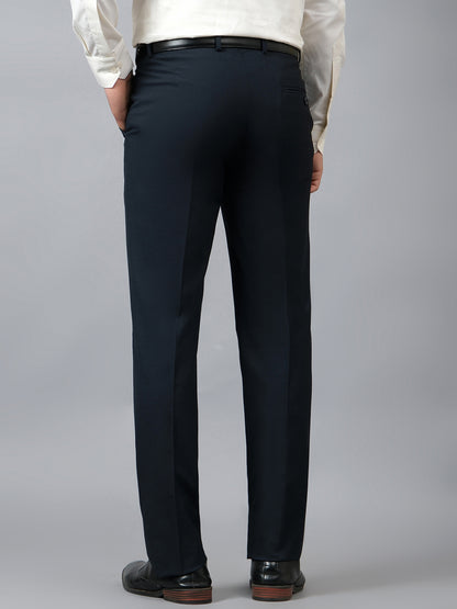 Men's Solid Navy Blue Non Pleated Regular Fit Formal Trouser