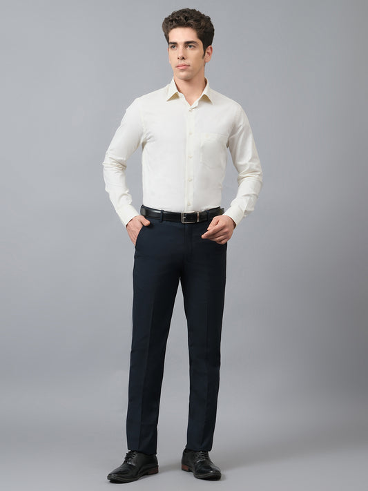 Men's Solid Navy Blue Non Pleated Regular Fit Formal Trouser