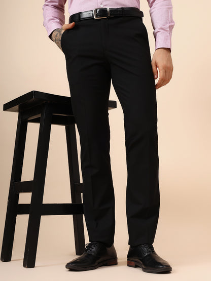 Men's Solid Black Non Plated Regular Fit Formal Trouser