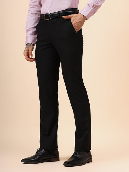 Men's Solid Black Non Plated Regular Fit Formal Trouser