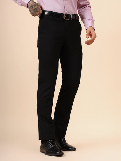 Men's Solid Black Non Plated Regular Fit Formal Trouser