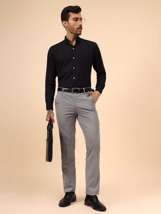 Men's Grey Solid Non Plated Regular Fit Formal Trouser