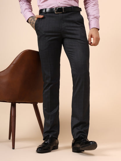 Men's Charcoal Checkered Non Plated Regular Fit Formal Trouser