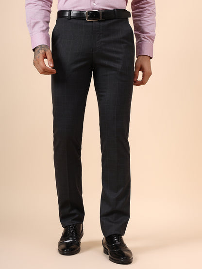 Men's Charcoal Checkered Non Plated Regular Fit Formal Trouser