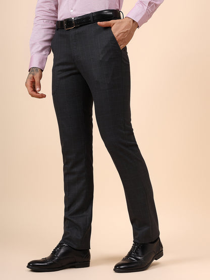 Men's Charcoal Checkered Non Plated Regular Fit Formal Trouser