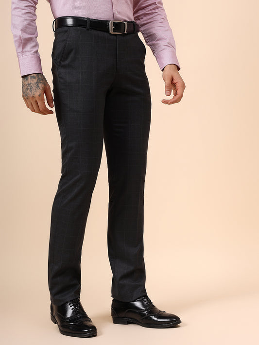 Men's Charcoal Checkered Non Plated Regular Fit Formal Trouser