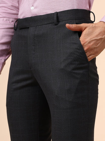 Men's Charcoal Checkered Non Plated Regular Fit Formal Trouser