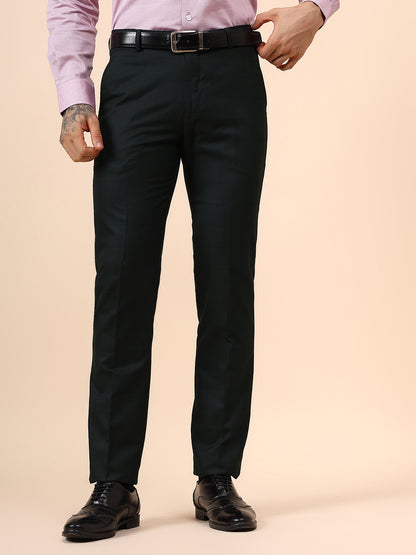 Men's Dark Green Checkered Non Plated Regular Fit Formal Trouser