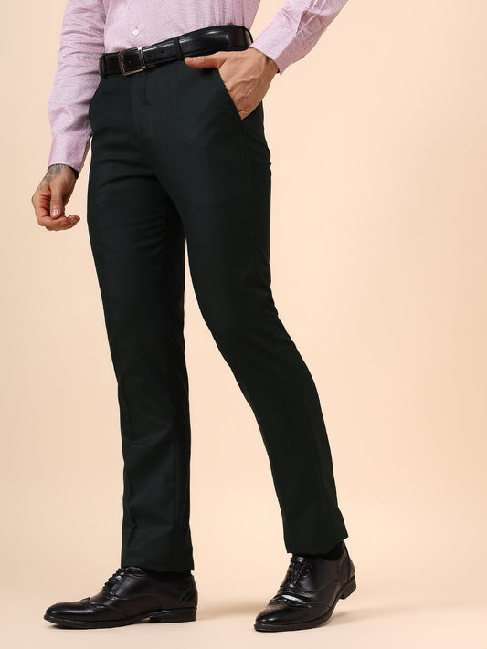 Men's Dark Green Checkered Non Plated Regular Fit Formal Trouser