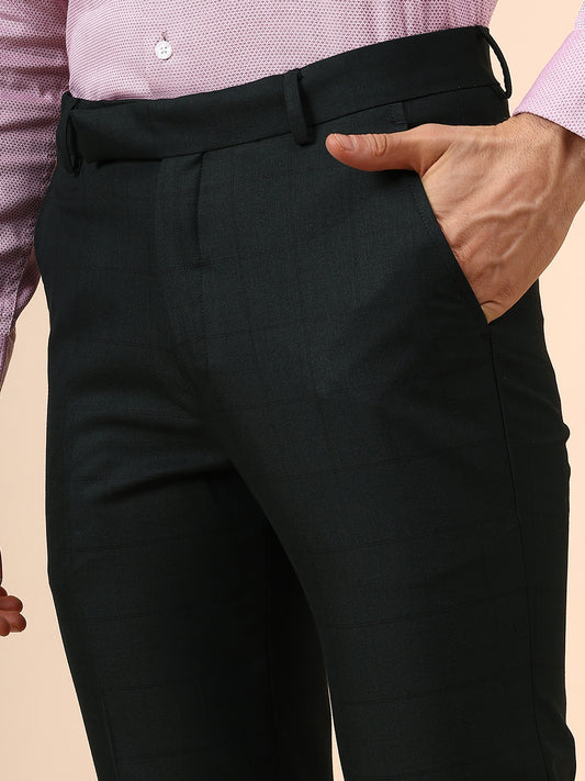 Men's Dark Green Checkered Non Plated Regular Fit Formal Trouser