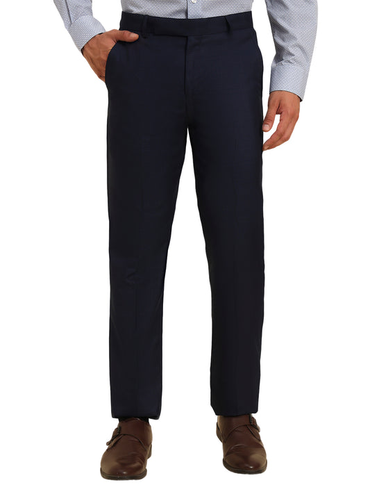 Men Navy Blue Checkered Regular Fit Formal Trouser