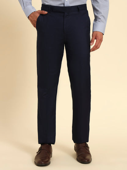 Men Navy Blue Checkered Regular Fit Formal Trouser