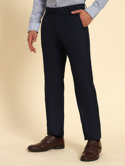 Men Navy Blue Checkered Regular Fit Formal Trouser