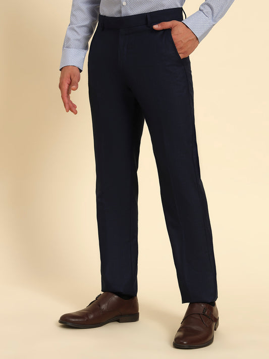 Men Navy Blue Checkered Regular Fit Formal Trouser