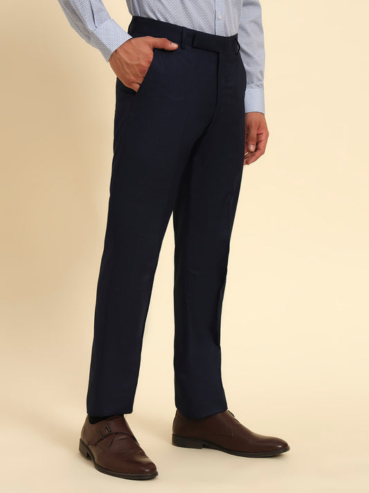 Men Navy Blue Checkered Regular Fit Formal Trouser