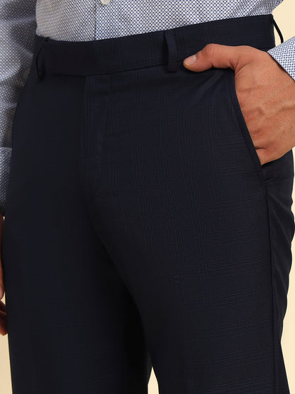 Men Navy Blue Checkered Regular Fit Formal Trouser