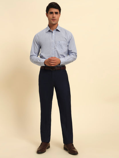 Men Navy Blue Checkered Regular Fit Formal Trouser