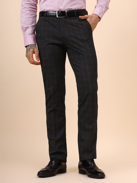 Men's Checkered Dark Grey Non Plated Regular Fit Formal Trouser