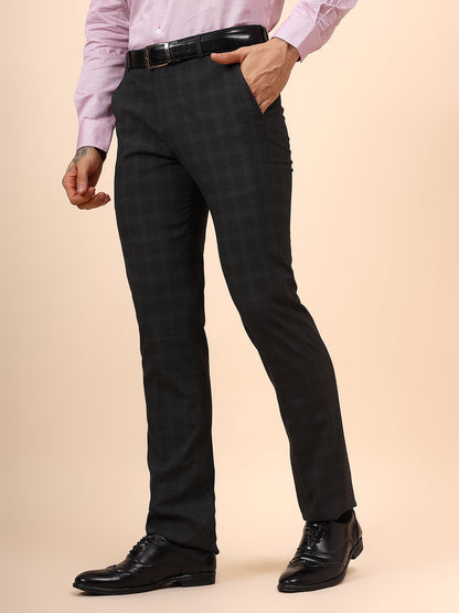 Men's Checkered Dark Grey Non Plated Regular Fit Formal Trouser