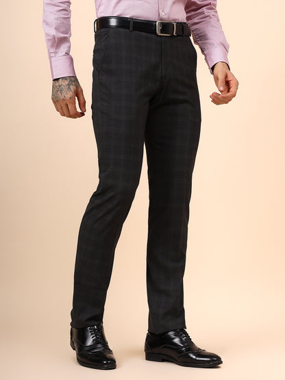 Men's Checkered Dark Grey Non Plated Regular Fit Formal Trouser