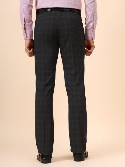 Men's Checkered Dark Grey Non Plated Regular Fit Formal Trouser