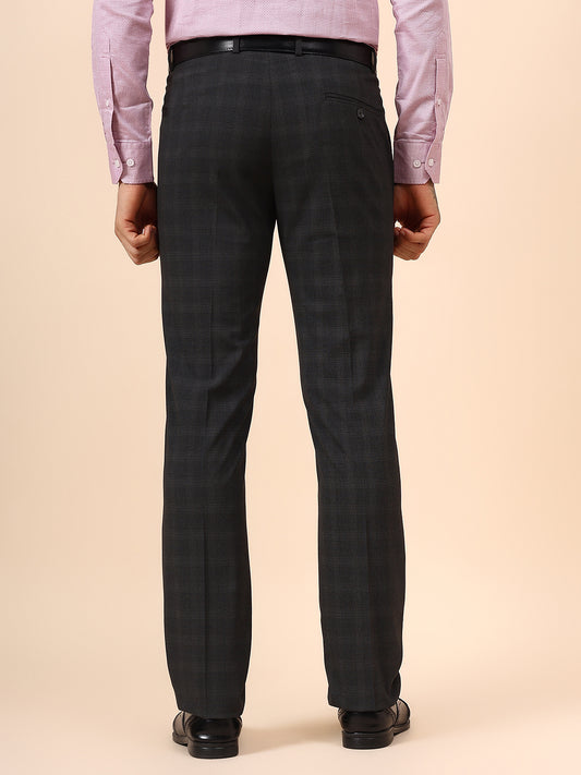 Men's Checkered Dark Grey Non Plated Regular Fit Formal Trouser