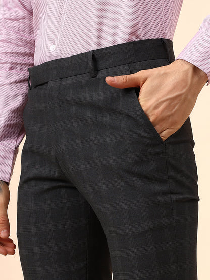 Men's Checkered Dark Grey Non Plated Regular Fit Formal Trouser