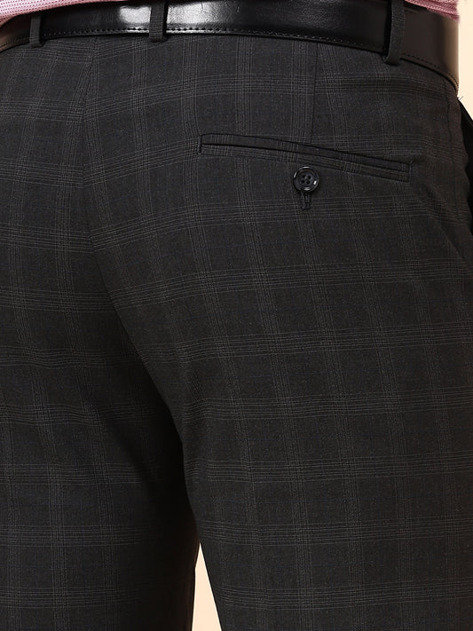 Men's Checkered Dark Grey Non Plated Regular Fit Formal Trouser