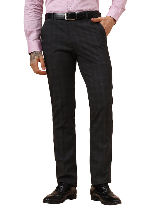 Men's Checkered Dark Grey Non Plated Regular Fit Formal Trouser