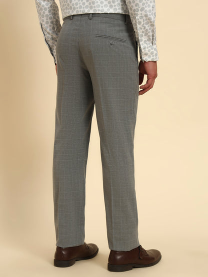 Men Light Gery Checkered Regular Fit Formal Trouser