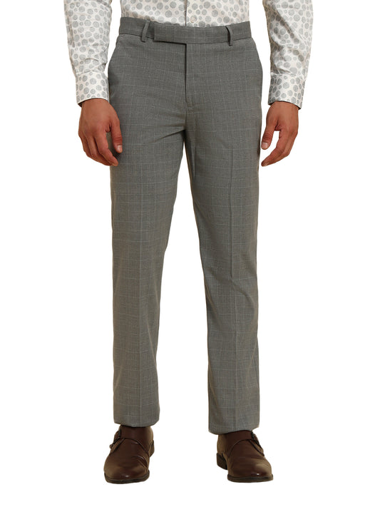 Men Light Gery Checkered Regular Fit Formal Trouser