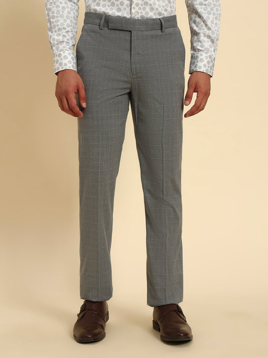 Men Light Gery Checkered Regular Fit Formal Trouser