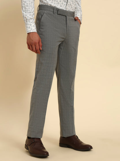 Men Light Gery Checkered Regular Fit Formal Trouser