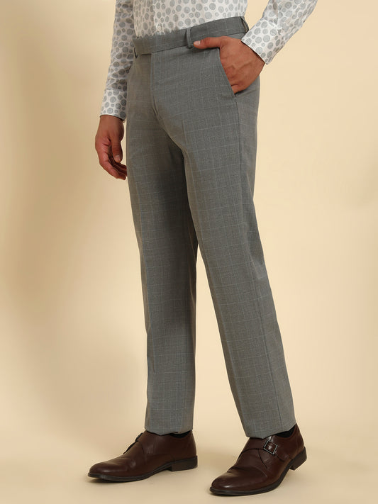 Men Light Gery Checkered Regular Fit Formal Trouser