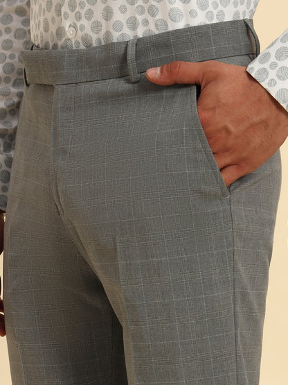 Men Light Gery Checkered Regular Fit Formal Trouser