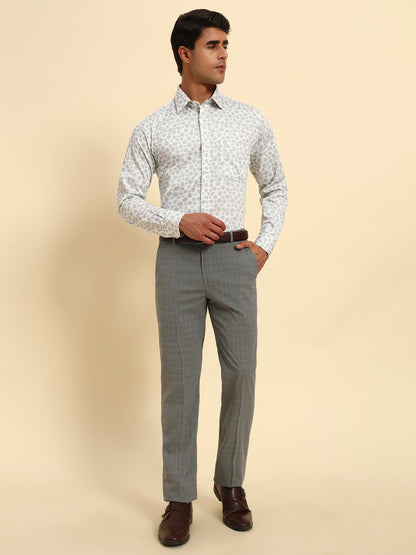 Men Light Gery Checkered Regular Fit Formal Trouser