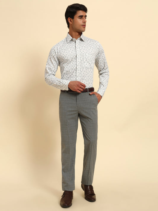 Men Light Gery Checkered Regular Fit Formal Trouser