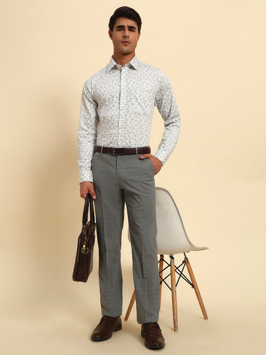 Men Light Gery Checkered Regular Fit Formal Trouser