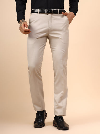 Men's Fawn Self Design Non Plated Regular Fit Formal Trouser