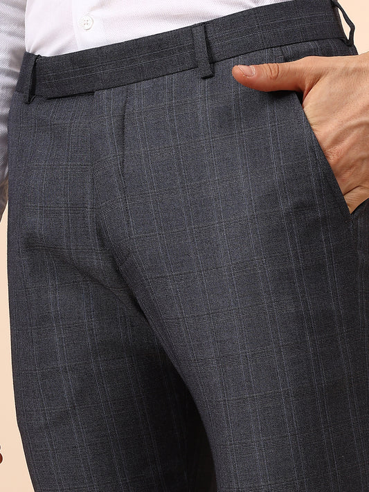 Men's Grey Checkered Non Plated Regular Fit Formal Trouser