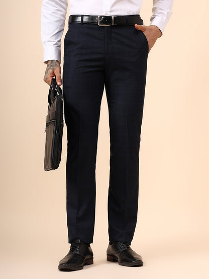 Men's Navy Blue Checkered Non Plated Regular Fit Formal Trouser