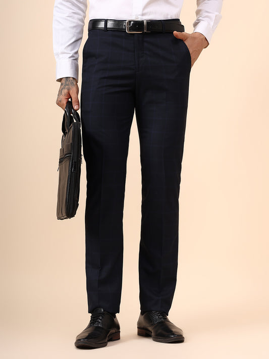 Men's Navy Blue Checkered Non Plated Regular Fit Formal Trouser