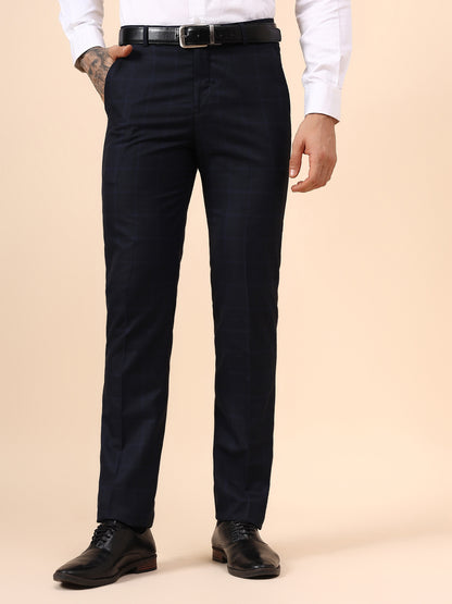Men's Navy Blue Checkered Non Plated Regular Fit Formal Trouser