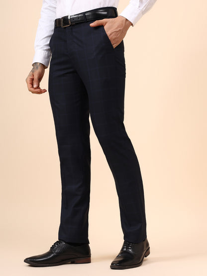 Men's Navy Blue Checkered Non Plated Regular Fit Formal Trouser
