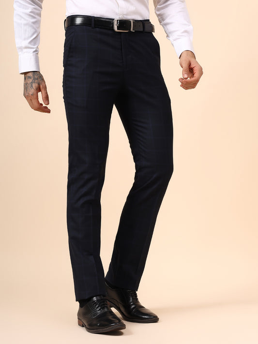 Men's Navy Blue Checkered Non Plated Regular Fit Formal Trouser