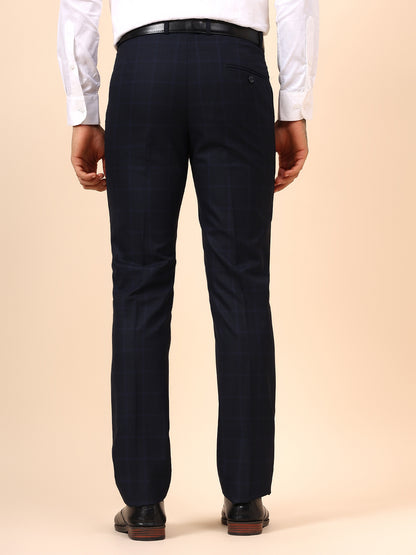 Men's Navy Blue Checkered Non Plated Regular Fit Formal Trouser