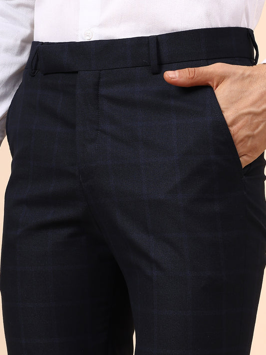 Men's Navy Blue Checkered Non Plated Regular Fit Formal Trouser